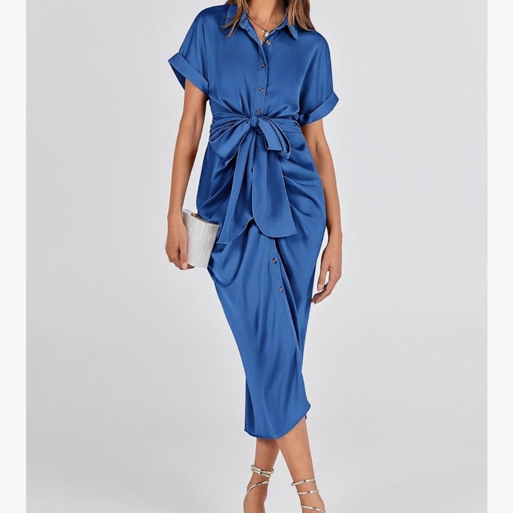 Chic Blue Midi Dress with Stylish Front Bow